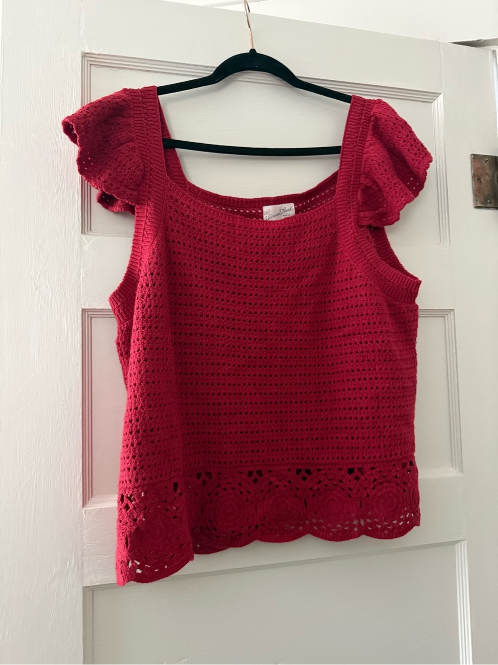 Universal Thread Red Crochet Flutter-Sleeve Tank